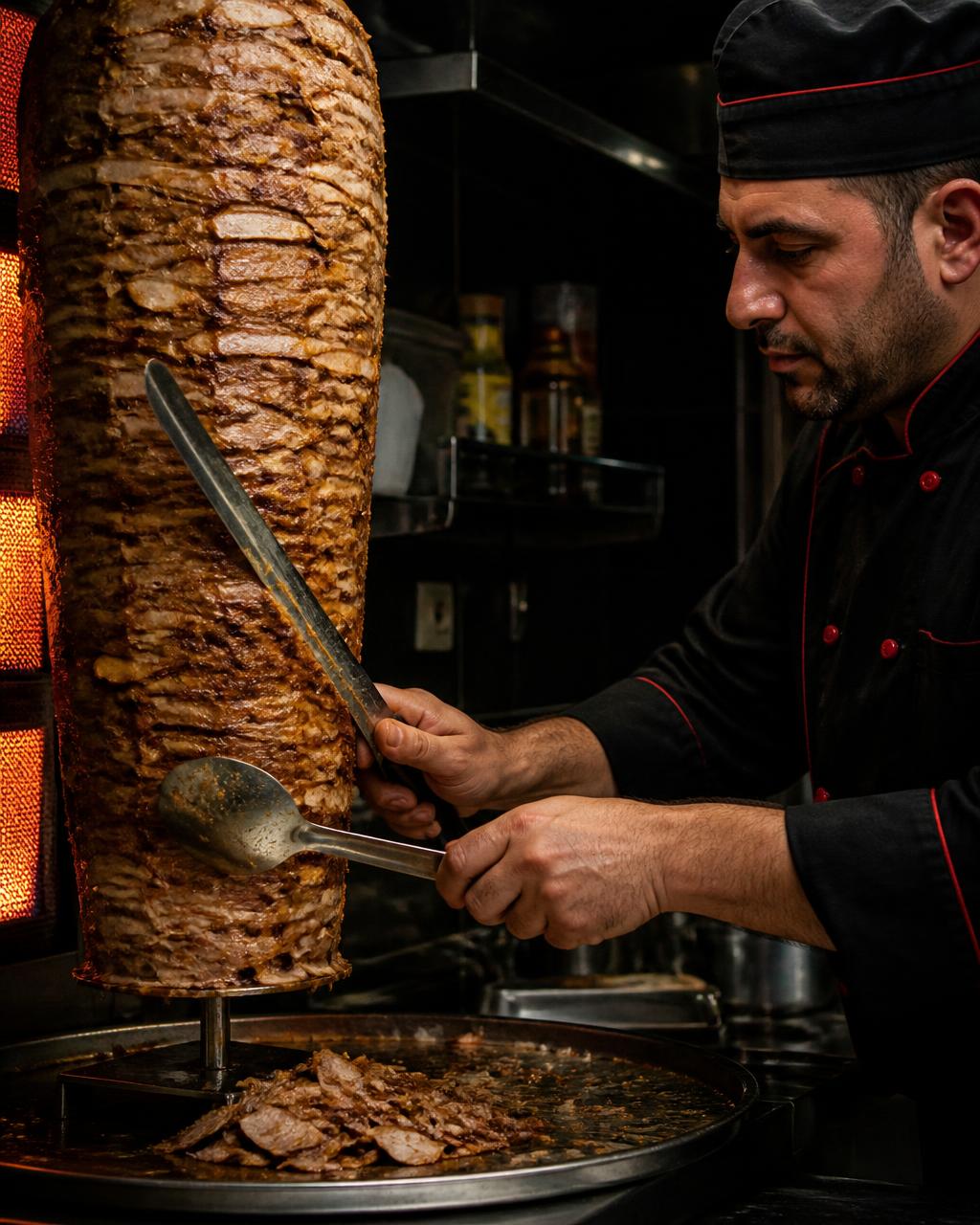 Kebabkött som skärs för hand